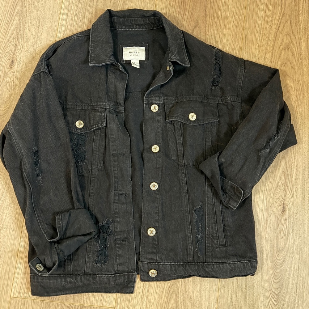 Black Distressed Denim Jacket | Oversized Trucker Style